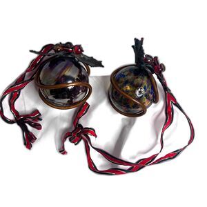 Glass Ball Ornaments wrapped in Copper with Metal Holly Leaves Set of 2